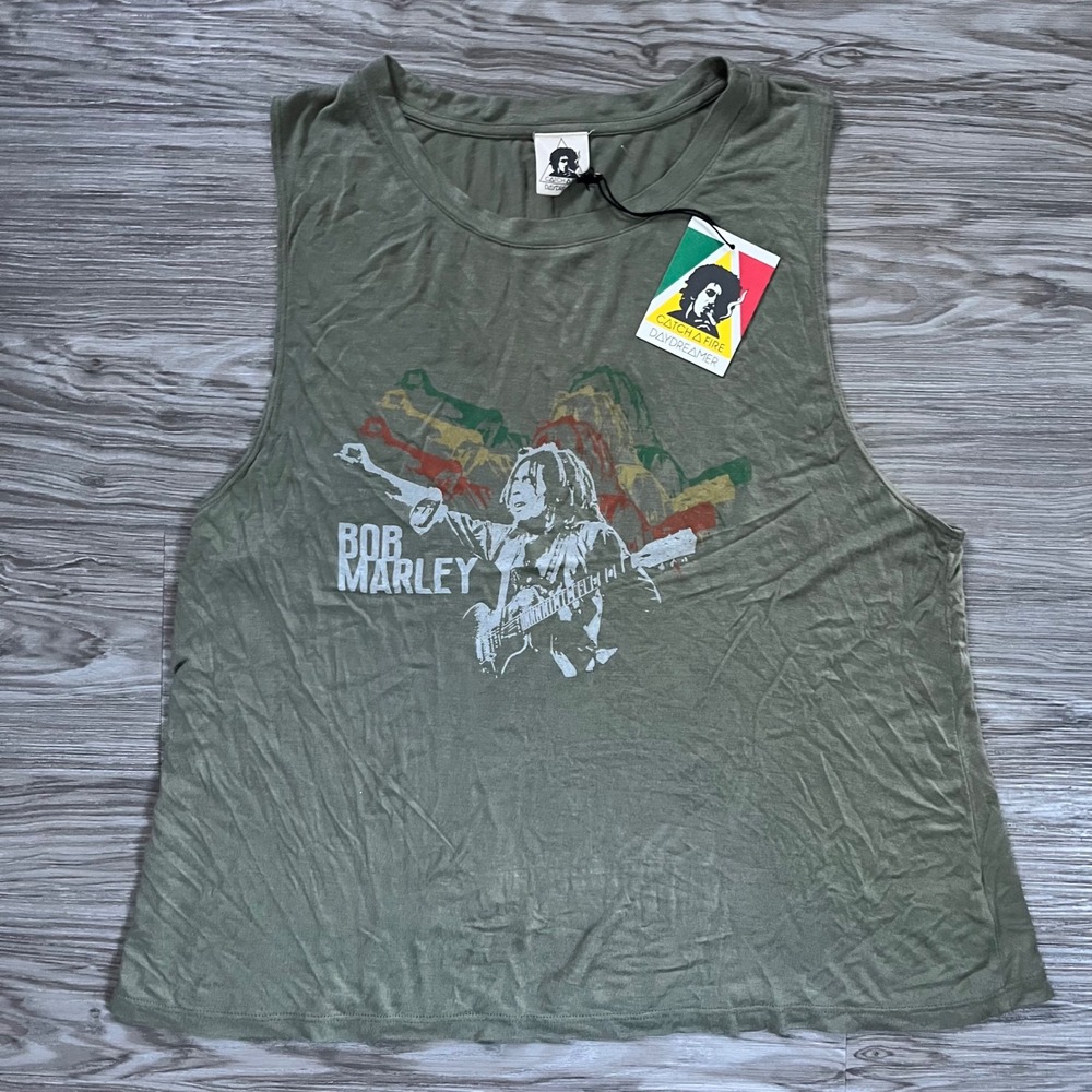Daydreamer Bob Marley Catch A Fire Muscle Tank Top Olive Green Small NWT